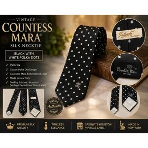 Countess Mara Vtg Silk Necktie Black White Polka Dot Sakowitz Houston NY Made